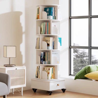 MOEPISY Rotating Bookshelf with Drawer, 360 Degree Display 6 Tier Corner Bookshelf for Small Space, Floor Standing Bookcase