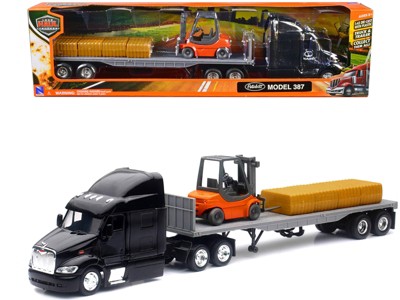 Peterbilt 387 Truck with Flatbed Trailer Black with Forklift and Hay Bales "Long Haul Trucker" 1/43 Diecast Model by New Ray