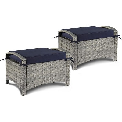 VINGLI Wicker Outdoor Ottoman Set of 2, All Weather PE Rattan Footstool for Patio w/Removable Cushions for Garden, Balcony