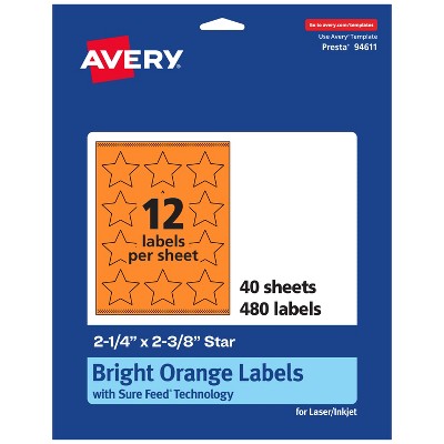Avery Bright Orange Paper Labels, 2-1/4" x 2-3/8" Star