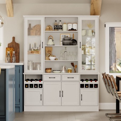 Famapy White Kitchen Cabinet: Glass Doors, Wine Rack,Multi - Storage Zones –  Perfect for Display & Storage