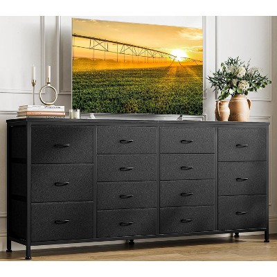 Homhougo 63" W Dresser Tv Stand for 65 70 75 Inch Tv, 14 Drawer for Bedroom with Power Outlets, Large Long Fabric Dresser Entertainment Center, Black