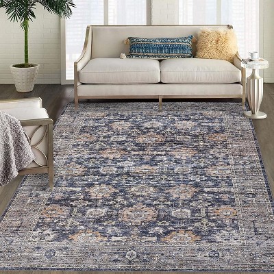 6x9 Washable Boho Rug – Low-Pile Non-Slip Ultra-Thin Vintage Floor Mat for Living, Bedroom, Dining, Home Office, Blue