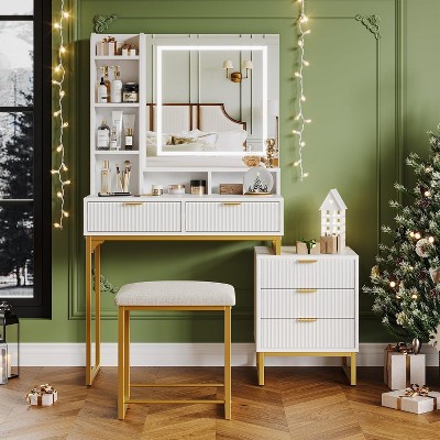 Makeup Vanity Desk with Mirror and Lights, Vanity Table with 5 Drawers, Vanity Set with Stool