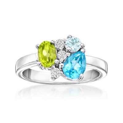 Ross-Simons 0.70 Carat Swiss Blue Topaz, .30 Carat Peridot and .10 Carat Aquamarine Ring With .10 ct. t.w. Lab-Grown Diamonds in Sterling Silver