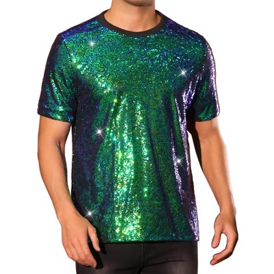 Lars Amadeus Men's Short Sleeve Crew Neck Disco Glitter Sequin T-Shirt