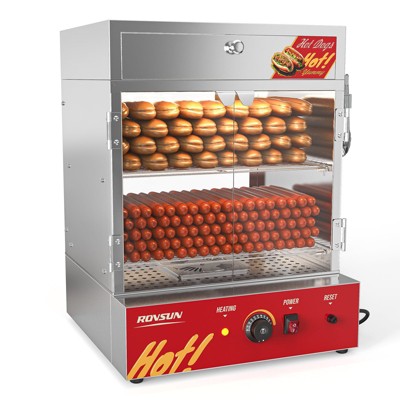 ROVSUN 49QT/46L Hot Dog Steamer, 2-Tier Hut Steamer, Hot Dog Steamer Bun Warmer Cooker 270 Hot Dogs & 58 Buns Capacity with Drawer, Removable Shelves