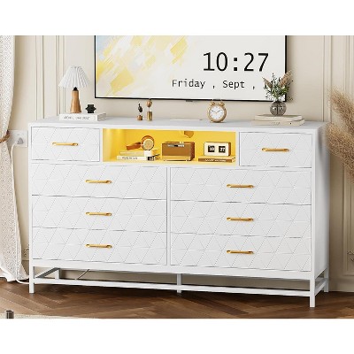 8 Drawer Wooden Dresser for Bedroom, Modern Wide Dresser TV Stand for 55" with Gold Handles, LED Lights & Charging Station