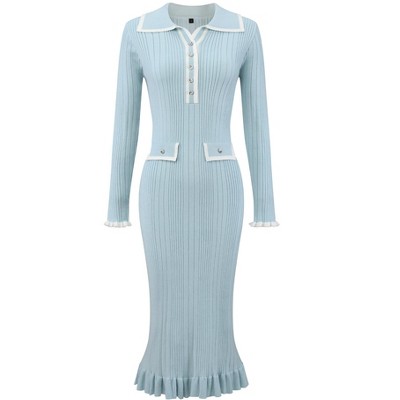 INSPIRE CHIC Women's Long Sleeve Contrast Trim Ruffled Fall Winter Ribbed Knit Bodycon Sweater Dress