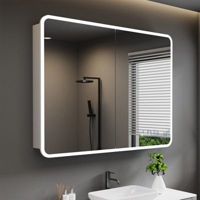 HBEZON LED Medicine Cabinet with Lights and Mirrors, Recess/Wall Mount Bathroom Cabinet, 3 Mode Lights, Dimmable, Anti-Fog, Silver