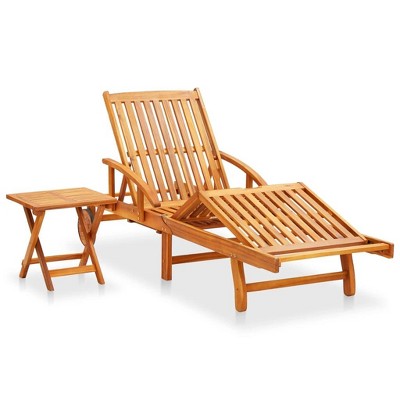 vidaXL Solid Acacia Wood Patio Sun Lounger with Table and Adjustable Backrest/Footrest, Includes Comfortable Grey Cushion