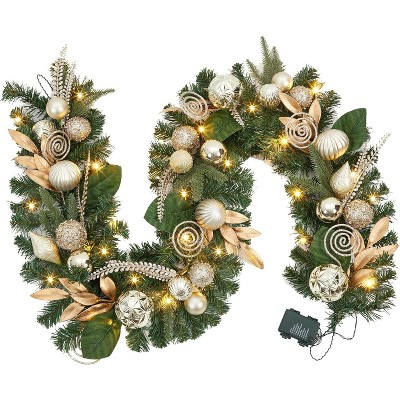 CuisinSmart 6ft Lighted Christmas Garland,  Artificial Pre Lit Xmas Garland Decorations, Gold Leaves, Ball Ornament