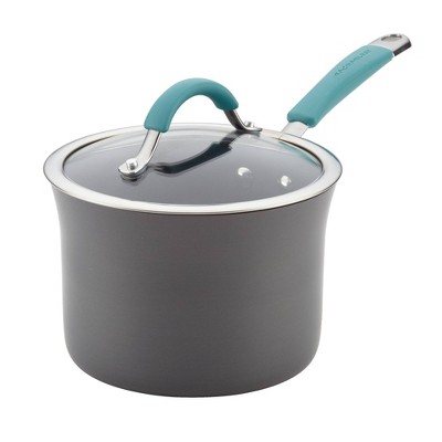 Rachael Ray Cucina 3qt Hard Anodized Nonstick Saucepan with Lid Blue Handles: Riveted Silicone Handle, Glass Lid
