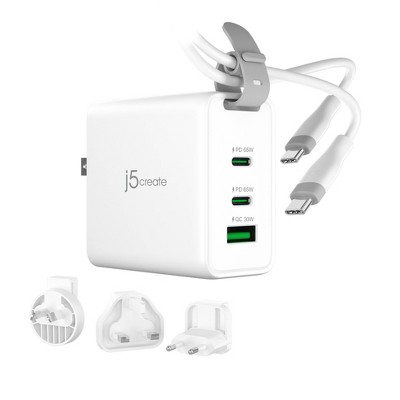 j5create 65W GaN USB-C 3-Port Traveler Charger with Changeable AC Plugs and USB-C Cable: Outlet Adapter for Travel