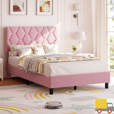 Jojoka Upholstered Platform Bed Frame with Adjustable Headboard, Diamond Pattern, Wood Slats, Noise-Free, No Box Spring Needed