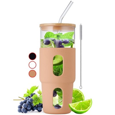 Ler'aze Glass Tumbler with Straw & Bamboo Lid with Silicone Sleeve, Fits Cup Holder, - 32oz