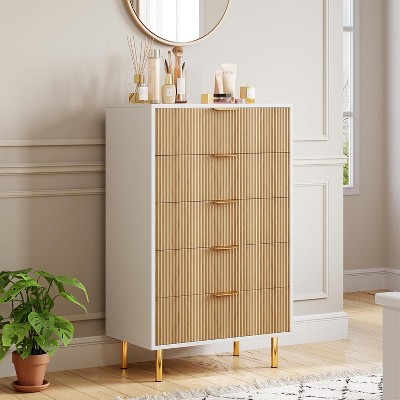Modern 5/6 Drawer Dresser, Stylish Wood Chest with Gold Handles, Large Storage Drawers, Elegant Organizer for Bedroom, Living Room, Entryway
