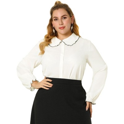 Agnes Orinda Women's Plus Size Elegant Office Peter Pan Collar Long Sleeves Button Down Shirts