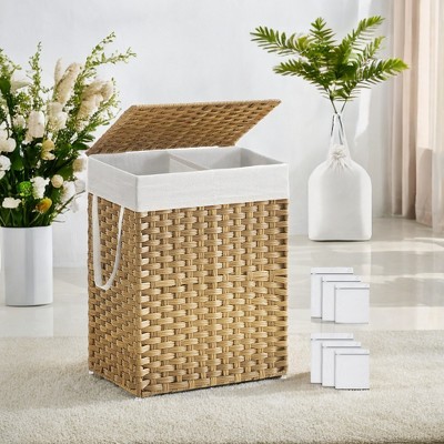 90L Laundry Hamper with Lid Laundry Clothes Hamper with 2 Removable Liner Bags Wicker Double Laundry Basket for Bathroom