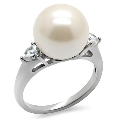 Slickblue White Synthetic Pearl Ring for Women - 12mm, Polished Stainless Steel, Aurora Borealis Effect, Size 5-10