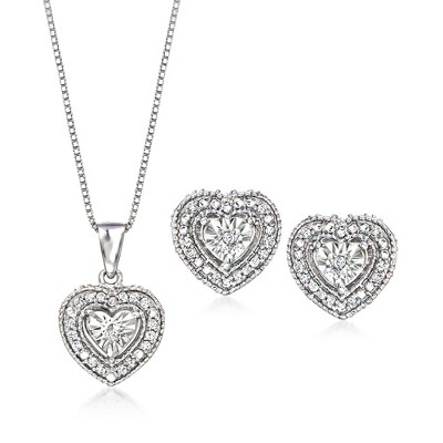 Ross-Simons 0.20 ct. t.w. Diamond Jewelry Set: Heart-Shaped Earrings and Pendant Necklace in Sterling Silver