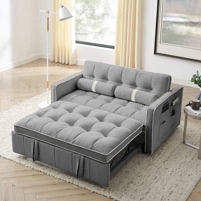 55.5" Velvet Convertible 2-Seater Sofa Bed with Pull-Out Sleeper, Adjustable Backrest, Side Pockets, and 2 Lumbar Pillows
