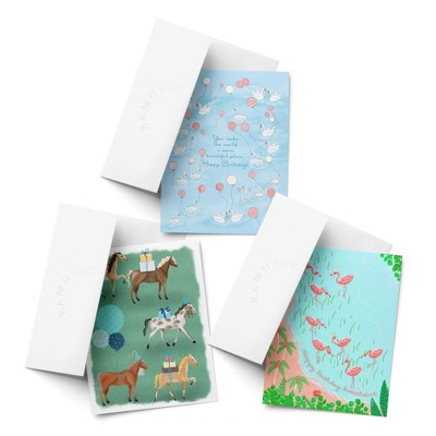 Birthday Greeting Card Pack Sets (3 ct, Assorted) Horse Party, Swans, Flamingo Party by Ramus & Co