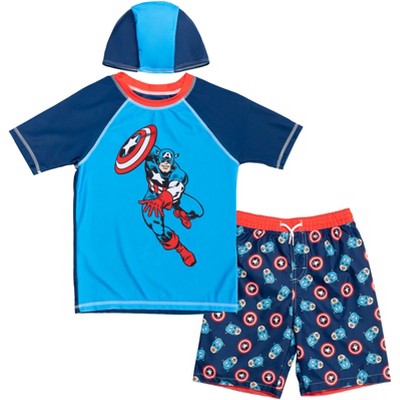 Marvel Avengers Captain America Pullover Rash Guard Swim Trunks and Cap 3 Piece Swimsuit Set Little Kid to Big Kid