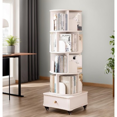 Sapphtopaz 360° Rotating Bookshelf with Wheels, Space Saving Display Spinning Corner Bookshelf, Shelf Tower for Small Spaces, Office