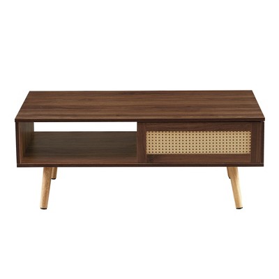 Airsurfer Modern PE Rattan Coffee Table with Sliding Door Storage, Solid Wood Legs, Stylish Table for Living Room