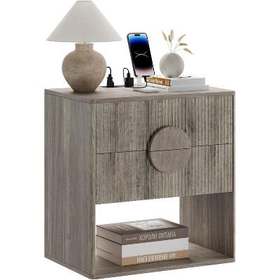 Fluted Nightstand, Side Table with 2 Drawer, Modern Farmhouse Nightstand with Open Shelves, Wood Nightstand for Bedroom Sofa
