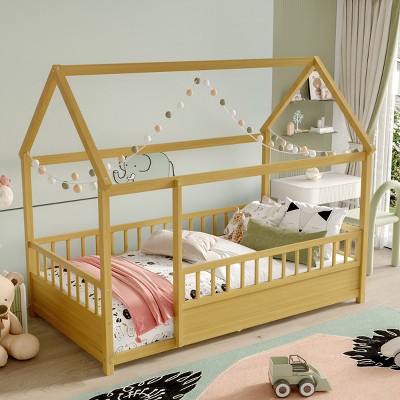 Platform Bed Frame Modern House Roof Design with Fence Guardrails for Kids Bedroom 44.76"W - 3irtyhousy