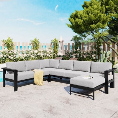 YOOCOZZ Outdoor U-Shaped Modular Aluminum Sofa Set with Thick Cushions, 6 Seats
