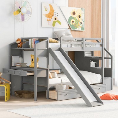 NicBex Twin over Twin Loft and Bunk Bed with Storage Staircase, Slide and Drawers, Desk with Drawers and Shelves, Gray