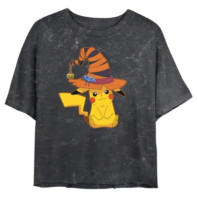 Juniors Womens Pokemon Halloween Pikachu Witch Hat Crop T-Shirt