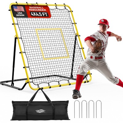PLAYAPUT Baseball Rebounder Net - 4x4.5FT Pitchback Net for Pitching and Fielding Training, Adjustable Angle, Yellow and Black
