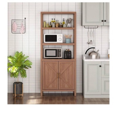 71" Tall 5 Tier Wooden Bookcase with Open Shelf and Doors Adjustable Shelves Farmhouse Bookcase