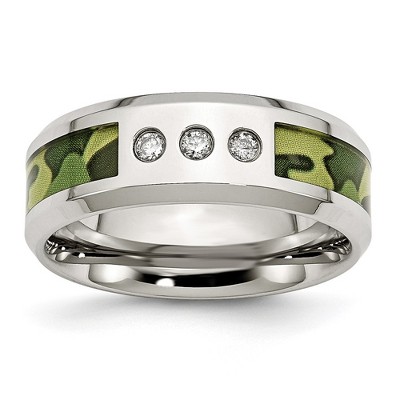 Chisel Stainless Steel Polished Camouflage 1/10 Carat Diamond 8mm Band Ring