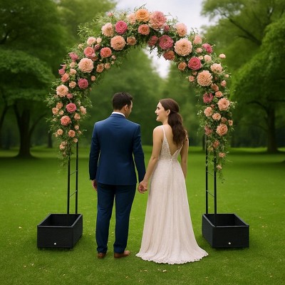 94" Black Metal Garden Arch Trellis with Planter Boxes, Wedding & Garden Arch for Climbing Plants, Patio, Lawn & Outdoor Events