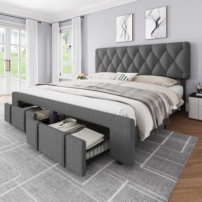 Coolmee Full/King Size Bed Frame, Upholstered Platform Bed Frame with Storage Drawers, Mattress Foundation with Solid Wooden Slats Support