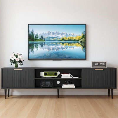 Coolmee Black TV Stand, TV Consoles for Living Room 75 Inch TVs, Fluted Panel Media Console, with Metal Handle and Adjustable Hinge