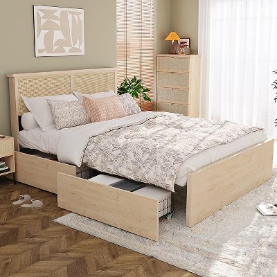 Bed Frame with Natural Rattan Headboard and Wooden 4 Storage Drawers, Metal Platform Bed frame with Strong Wooden Slats Support, No Box Spring Needed