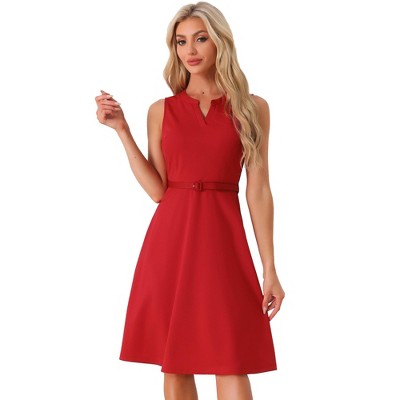 Allegra K Women's Work Office Belted V Neck Side Zipper Sleeveless Midi A-Line Dress