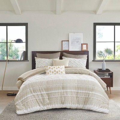 3Pcs Boho Style Cotton Comforter Set, Chenille Tufting Textile Botanic Print Bed Set, Farmhouse Style Bedding with Matching Shams