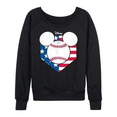 Women's - Disney - Mickey Mouse Baseball Diamon Head USA Lightweight French Terry Wide Neck Long Sleeve Graphic Shirt