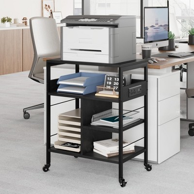 Mobile Printer Stand with Power Outlets & USB Ports- 4-Tier Rolling Cart with Locking Wheels, Storage Organizer for Home Office, Living Room