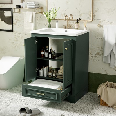 CSBDHome 36-Inch Bathroom Vanity with Ceramic Sink, Solid Wood Cabinet with Drawers and Doors, White/Black