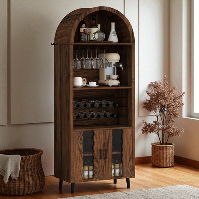 71" Farmhouse Arched Bar Cabinet, Tall Wine Liquor Bar with Wine Rack & Glass Holder, Coffee Bar Storage Cabinet for Living Room Dining Room