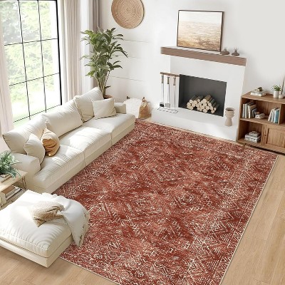 Washable Large Area Rug Vintage Living Room Bedroom Farmhouse Floral Retro Non-Slip Low Pile Distressed Indoor Carpet Home Decor