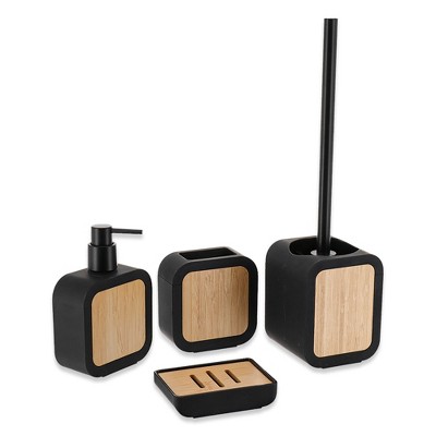 Evideco French Home Goods 4-Piece Bathroom Accessory Set Rubber and Wood